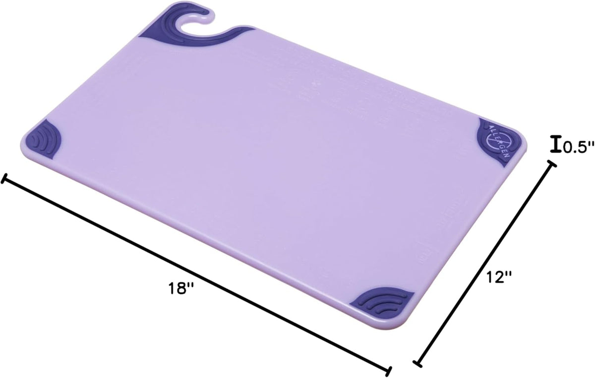 San Jamar Saf-T-Grip Plastic Cutting Board with Safety Hook, 12" x 18" x 0.5", Purple