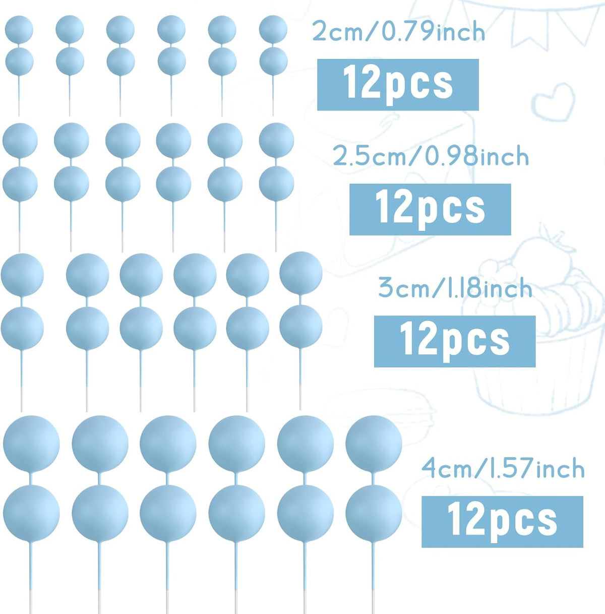 48 Pcs Balls Cake Topper Decorations Balloon Cupcake Toppers Foam Cake Topper Balls Cake Balls Decorations for Birthday Party Wedding Anniversary Cake Decorating (Light Blue)