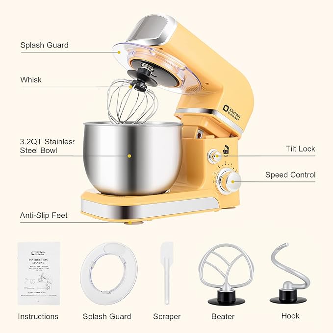 Kitchen in the box Stand Mixer,3.2Qt Small Electric Food Mixer,6 Speeds Portable Lightweight Kitchen Mixer for Daily Use with Egg Whisk,Dough Hook,Flat Beater (Yellow)