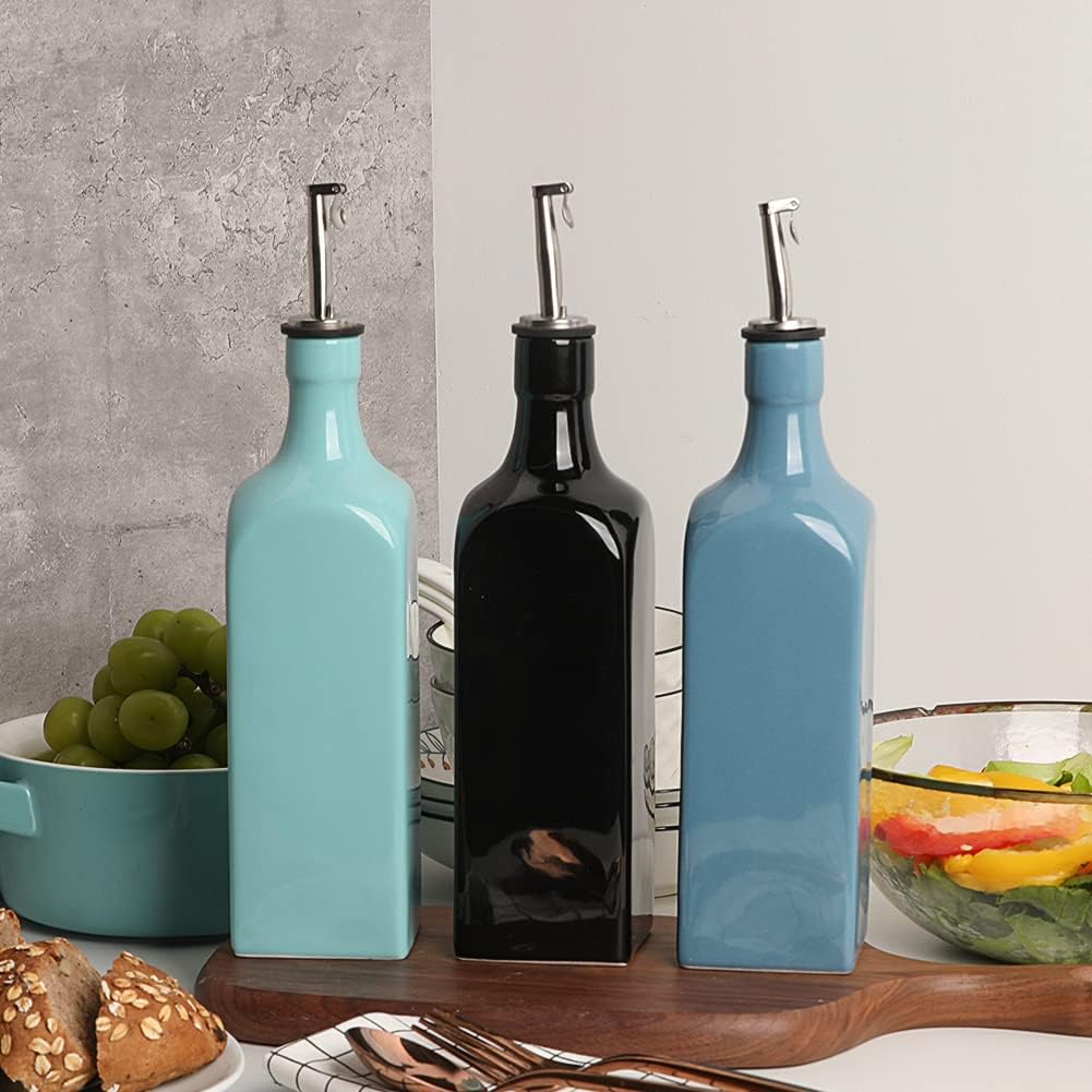 Sweejar 19 Fl Oz Ceramic Olive Oil Dispenser Bottle with Spout, Large Oil Dispenser for Kitchen, Opaque EVOO Oil and Vinegar Cruet for Cooking, Oil Container for Avocado Oil, Pack of 1 (Turquoise)