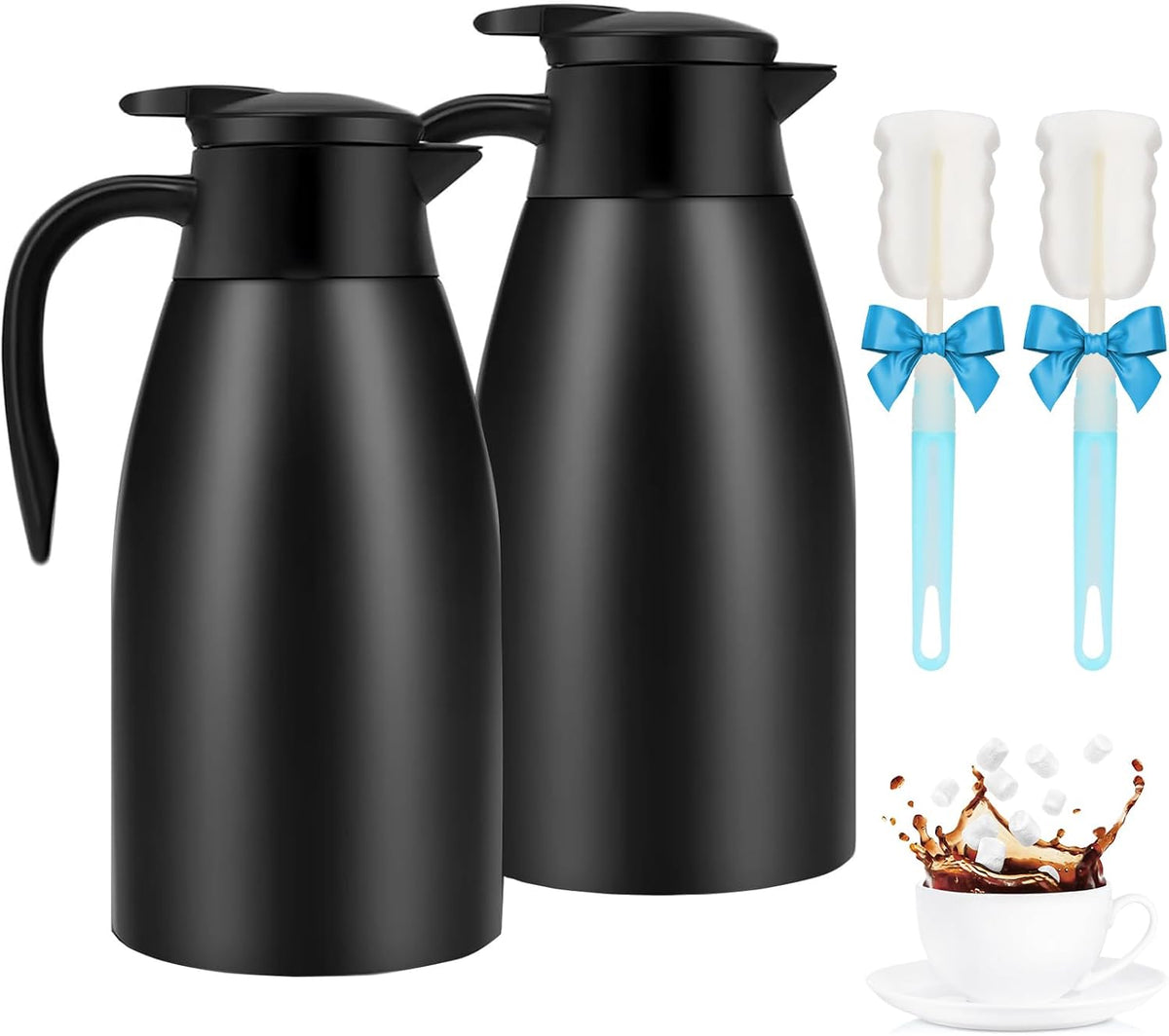 2pcs 70oz Coffee Carafe Airpot Insulated Coffee Urn Stainless Steel Vacuum Thermal Pot Dispenser for Coffee, Hot Water, Tea, Hot Beverage - Keep 12 Hours Hot, 24 Hours Cold (Black)