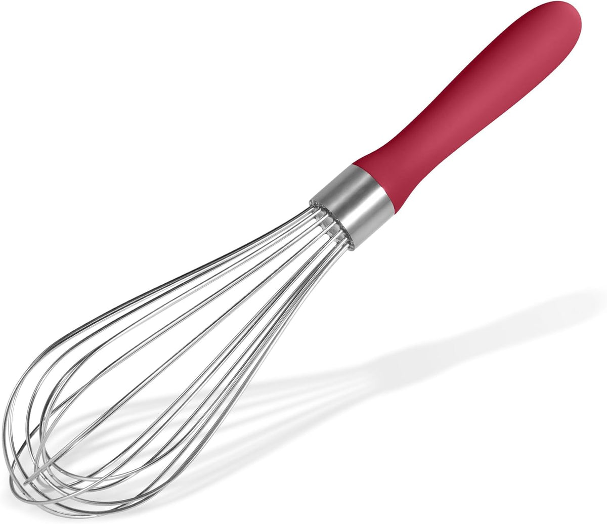 18/8 Stainless Steel Balloon Whisk, Doosu Kitchen Whisk for Cooking Handheld Egg Beater with Rust-Proof Sturdy Wires & Non-Slip Silicone Handle for Beating, Stirring, Blending (8 Wires, Red)