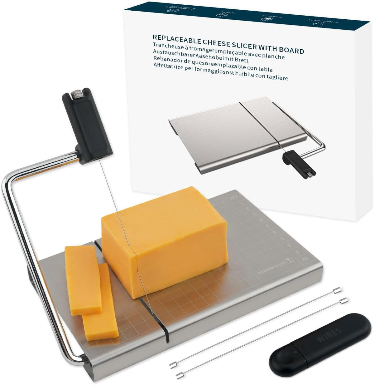 KITCHENDAO Replaceable Wire Cheese Slicer with Board and Measuring Grids,Tightness Adjustable Cheese Slicer, Stainless Steel Metal Cheese Cutter for Block Cheese, Dishwasher Safe, with 2 Extra Wires