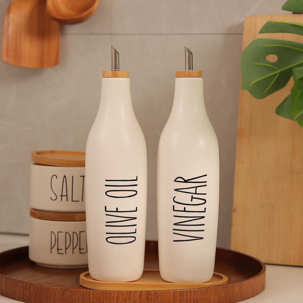 HOMCDALY Olive Oil and Vinegar Dispenser Set, 16oz Ceramic Oil Dispenser for Kitchen, Kitchen Dispenser Bottle for EVOO Vinegar Syrups, Modern Farmhouse Design | Set of 2 – P-White