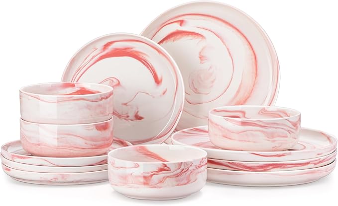MALACASA Plates and Bowls Sets, 12 Pieces Porcelain Dinnerware Sets Dishware Sets Chip Resistant Ceramic Dish Set Dining Dinner Ware Service for 4, Marble Pink, Series LUNA