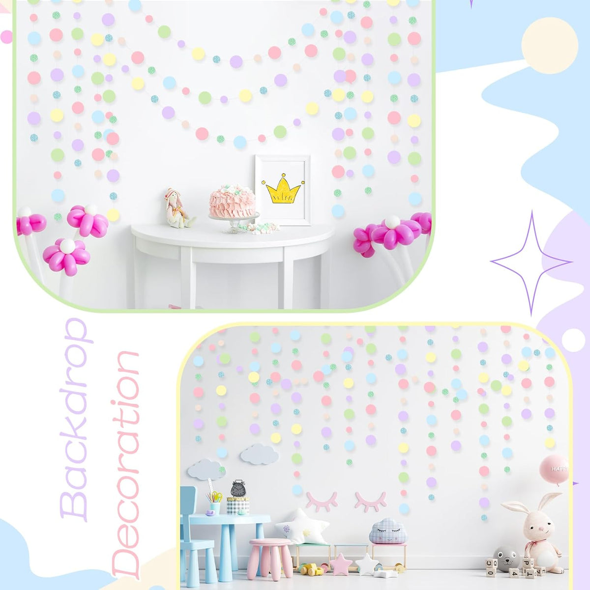Outus 5 Pieces Colorful Dots Paper Garland Round Glitter Garland Hanging Confetti Streamers Backdrop Decoration for Birthday Classroom Candy Sprinkles Trunk or Treat Party (Pastel)