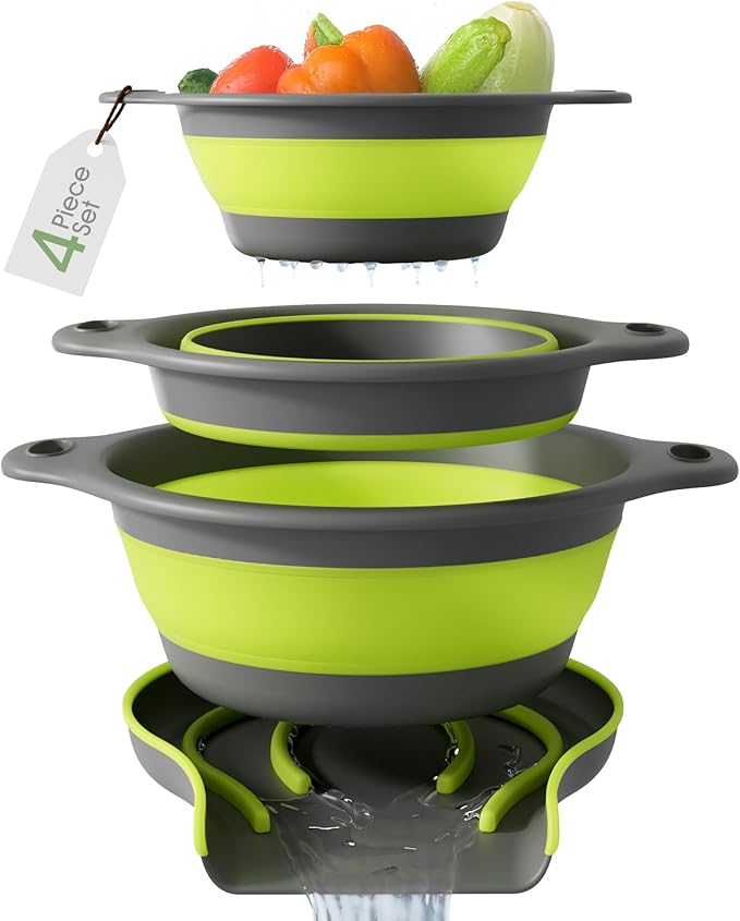 3-Pack Collapsible Colanders with Self-Draining Base, Over Sink-edge Silicone Food Strainers, Small/Med/Large Sizes, Nesting for Easy Compact Storage (3Qt, 4Qt, 5-Quart Set) Green/Gray