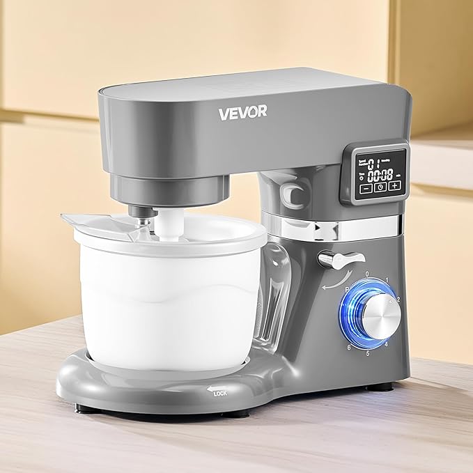 VEVOR Ice Cream Maker, 1.8 Qt. Capacity, 6-Speed Electric Stand Mixer, with LED Digital Display & Timer, Mixing Paddle, Dough Hook, Splash Guard, for Homemade Frozen Yogurt Fruit Sorbet Gelato, Grey