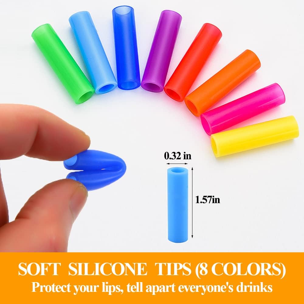 Lazycorner 16 Pcs Metal Straw Reusable 8.5" 10.5" 6mm Stainless Steel Straws for Tumblers 20oz-32oz, Rainbow Drinking Straws with Silicone Tips, 4 Straw Cleaner Brush, 1 Travel Case