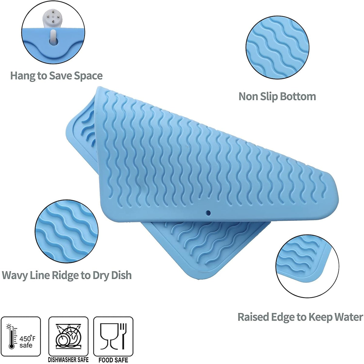 Silicone Dish Drying Mat for Multiple Usage,Easy clean,Eco-friendly,Heat-resistant Silicone Mat for Kitchen Counter or Sink,Refrigerator or Drawer liner Light Blue M 12 inches x 12 inches