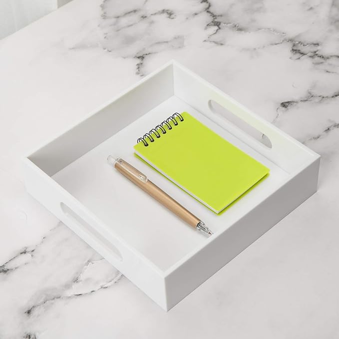 White Sturdy Acrylic Tray with Handles-8x8 Inch- Countertop Organizer Tray for Kitchen,Bathroom,Office- Storage Box for Cosmetics, Jewelry,Toiletries,Toy,Gadgets