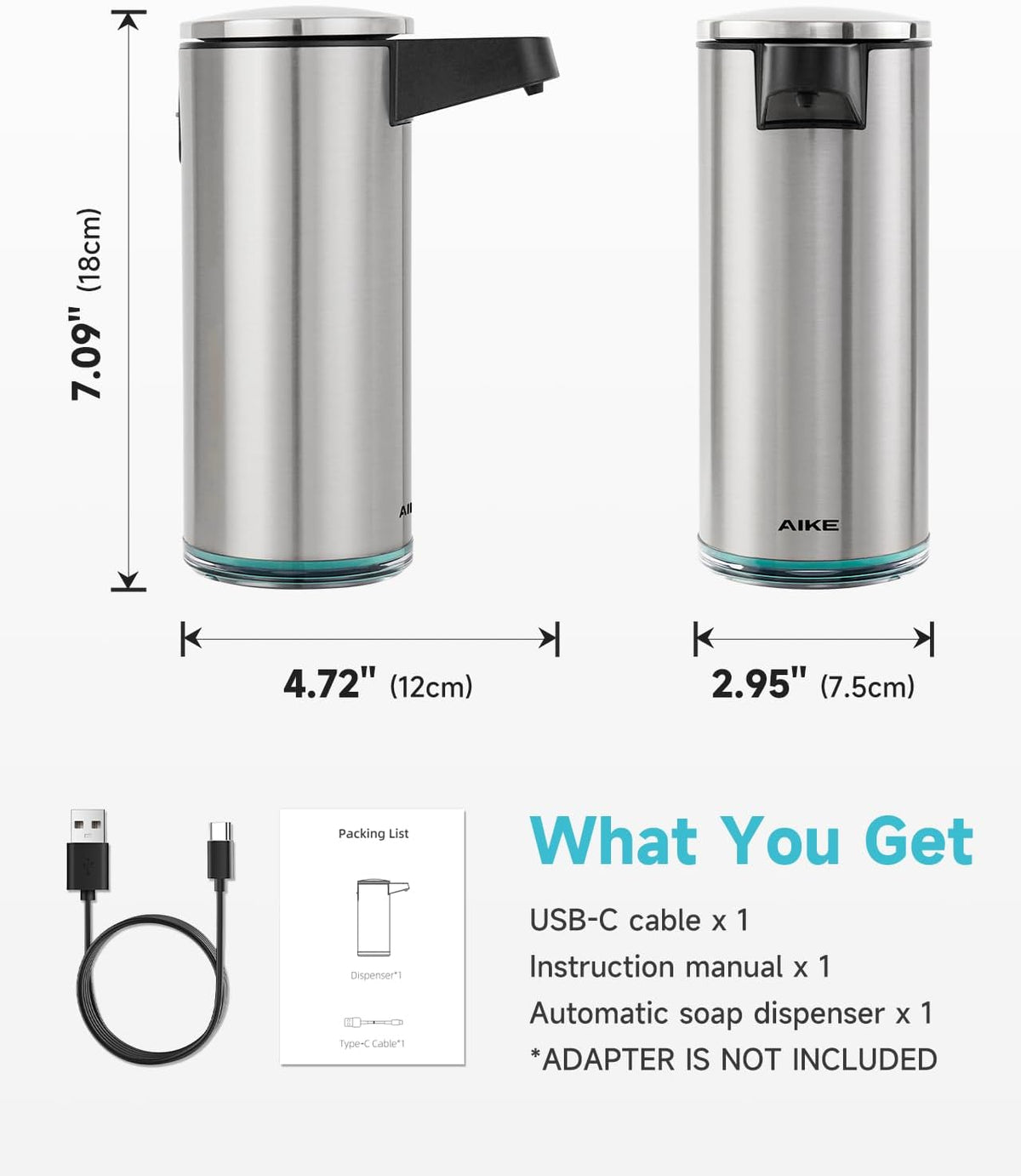 AIKE SensePro Automatic Soap Dispenser Type-C Rechargeable, Brushed Stainless Steel Finish 12.8 fl.oz. for Liquid Soap