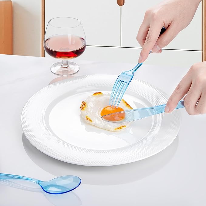 WDF 180 Pieces Blue Plastic Silverware Disposable - Clear Blue Cutlery Sets 60 Forks, 60 Knives and 60 Spoons - Heavy Duty Utensils for Party, Wedding, Graduation