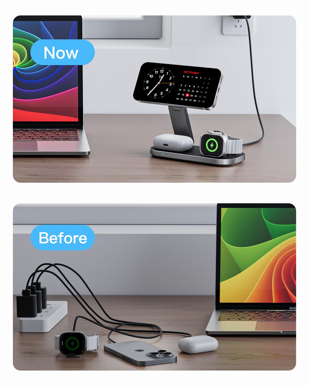 Keepro 3-in-1 Charging Station for Apple Device, Foldable Magnetic Wireless Fast Charger Stand Compatible with MagSafe for iPhone 17e/17/16/15/14/13/12/Air Series, Apple Watch & AirPods-Black