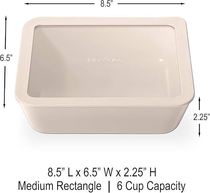 Ceramic Coated Glass Food Storage Container | No PTFE, PFOA, PFAS, and BPA | Reusable Non Toxic Meal Prep Container with Glass Lid | Easy To Store | 6 Cup Rectangle [Crema]