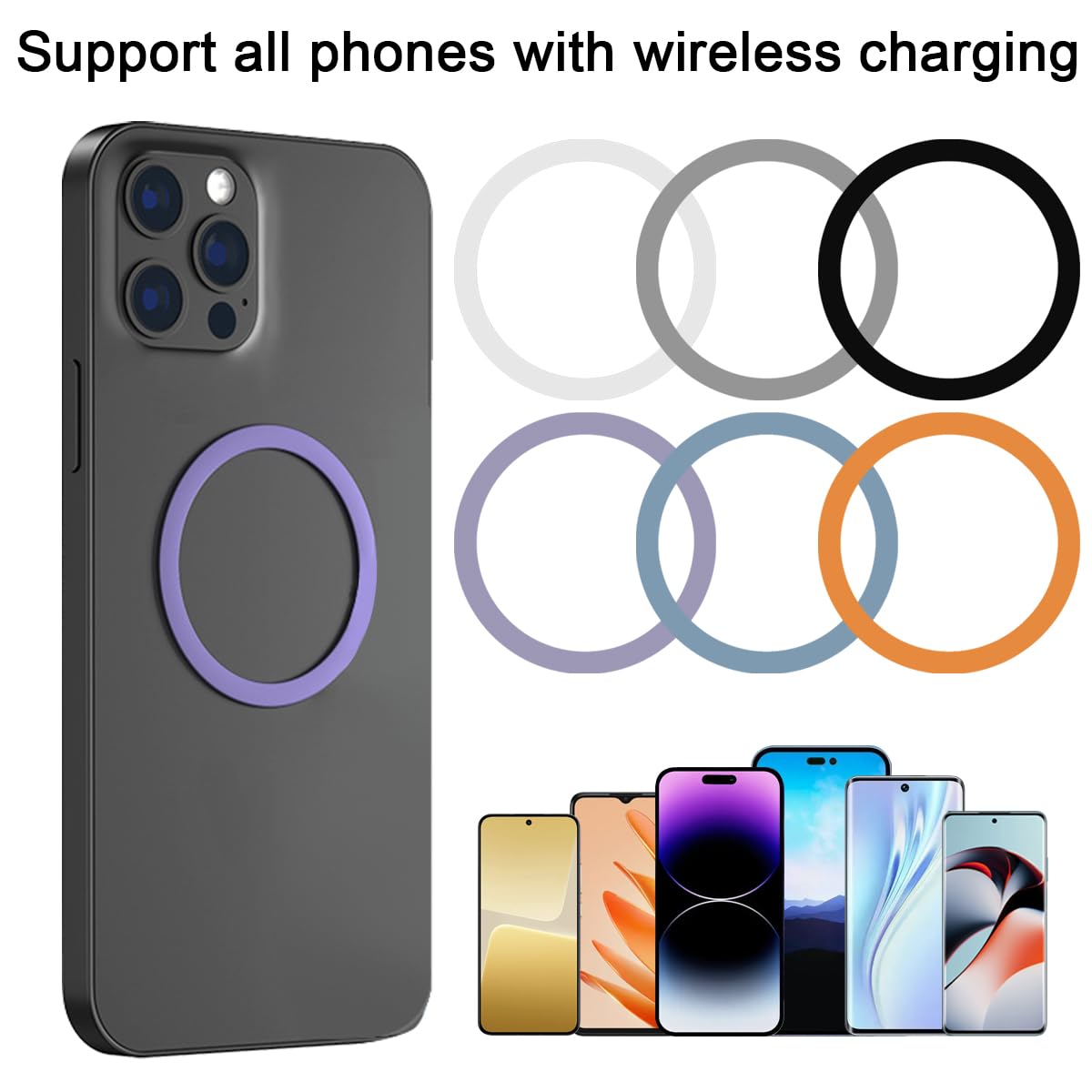 6 Colors Universal Metal Rings Compatible with Magsafe Magnetic Wireless Charger, Adapter Ring Sticker for Cell Phone Case Magnet Wireless Charging, Compatible with iPhone 17/16/15/ Samsung Galaxy