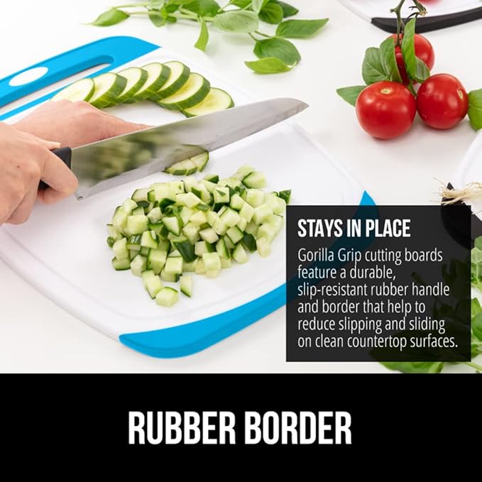 GORILLA GRIP BPA-Free Reversible Kitchen Cutting Board Set of 3, US Designed, Nonporous, Juice Grooves Catch Liquid, Slip Resistant Border, Dishwasher Safe, Durable Large Food Chopping Boards, Aqua