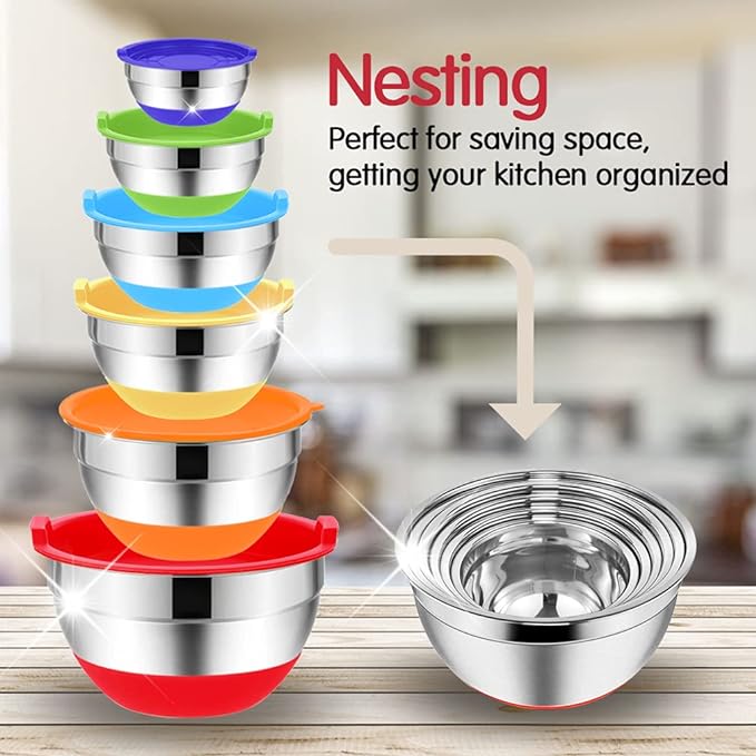 Rottay Mixing Bowls with Airtight Lids, 20PCS Stainless Steel Mixing Bowl Set, Nesting Bowls with 3 Grater Attachments & Non-Slip Bottoms, Size7, 4, 3, 2, 1.5, 1QT Bowls for Baking&Prepping