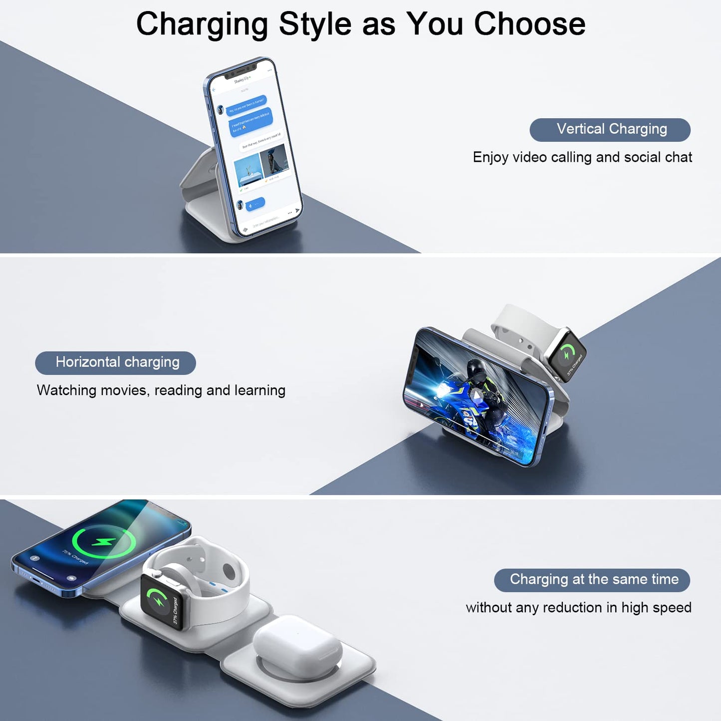 Wireless Charger 3 in 1,RTOPS Magnetic GaN Travel Wireless Charging Station Compatible with Apple Magsafe Multiple Devices for iphone17/16/15/14/13/Pro/Max,iWatch,AirPods4/3/2/Pro (Adapter Includes)