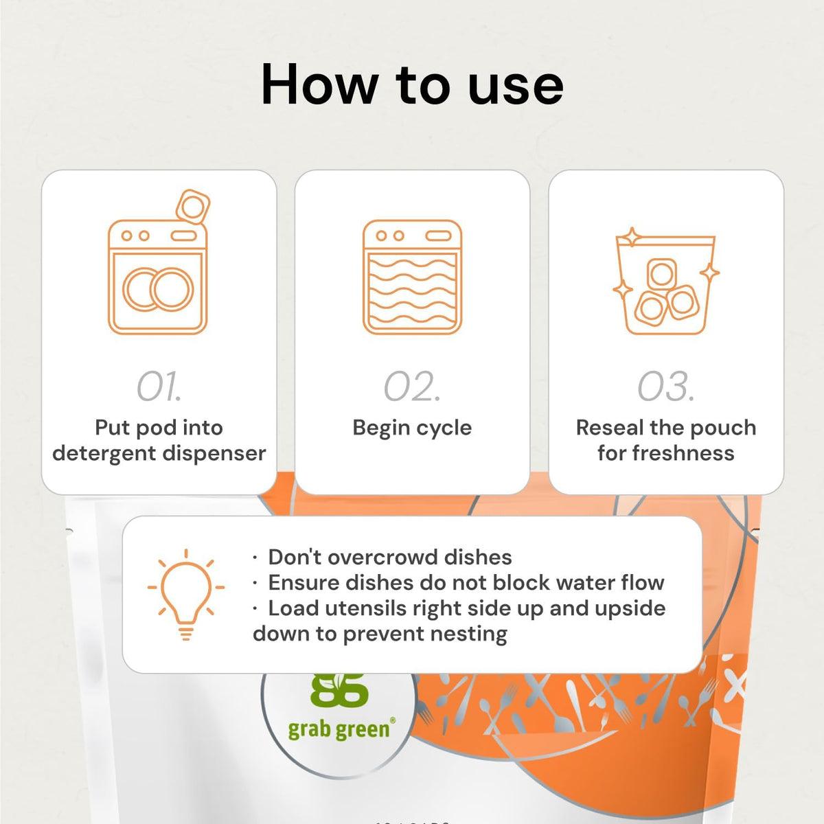 Grab Green Automatic Dishwashing Detergent Pods, 60 Count, Tangerine Lemongrass Scent, Plant and Mineral Based, Superior Cleaning, Powerful Grease Removal, Brilliant Shine