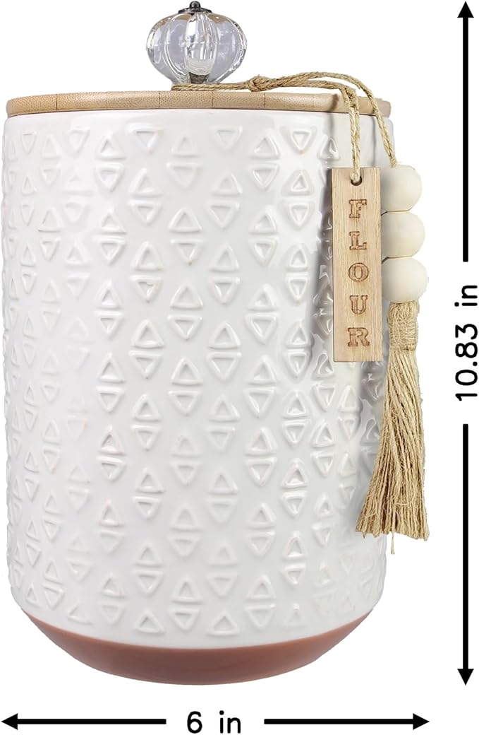 Youngs 21207 Ceramic Canister with Wood Lid and Silicon Seal, Crystal Knob and Blessing Bead Tassel Accent, 4-piece Set