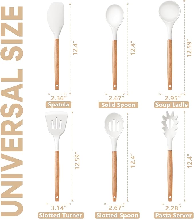 P&P CHEF Cooking Utensils Set, 6 PCS Kitchen Utensils with Wooden Handle, Silicone Spatula for Nonstick Cookware, Easy Clean & Non-toxic, White