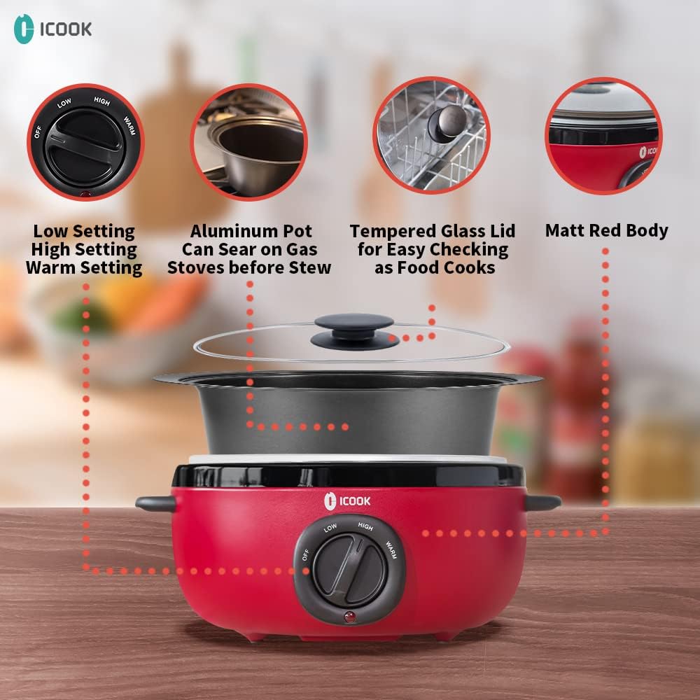 ICOOK USC-65-OP001RD 6.5 Quart Slow Cooker,Aluminium Sear/Sauté Stew Pot Stovetop safe,Dishwasher Safe,Glass Lid,Adjustable Temp,Food Warmer(Red)