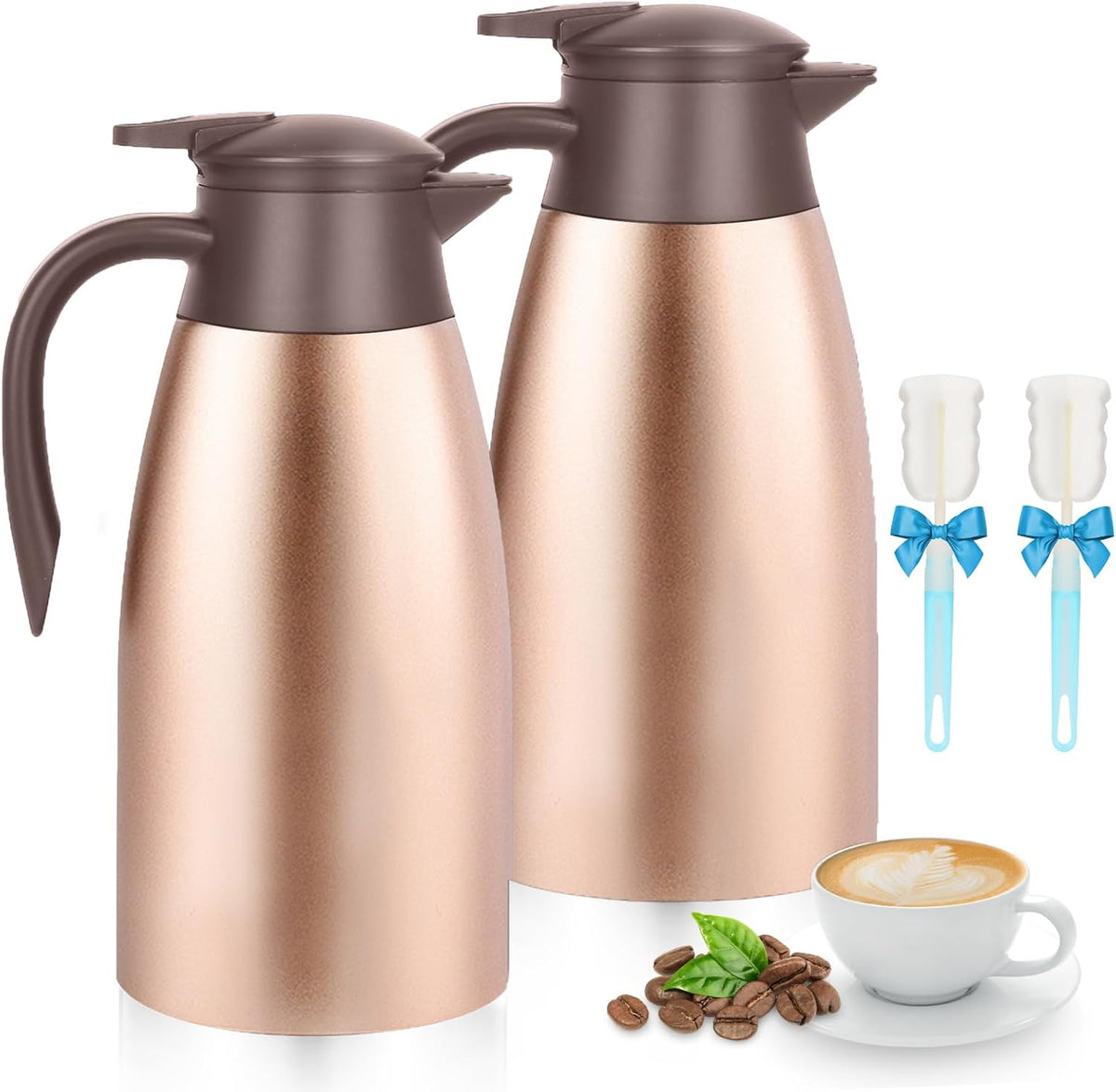 2pcs 70oz Thermal Coffee Carafe Coffee Pitcher, Insulated Stainless Steel Coffee Carafes for Keeping Hot Drinks, Double Walled Thermal Pot Dispenser for Coffee, Hot Water, Tea, Hot Beverage