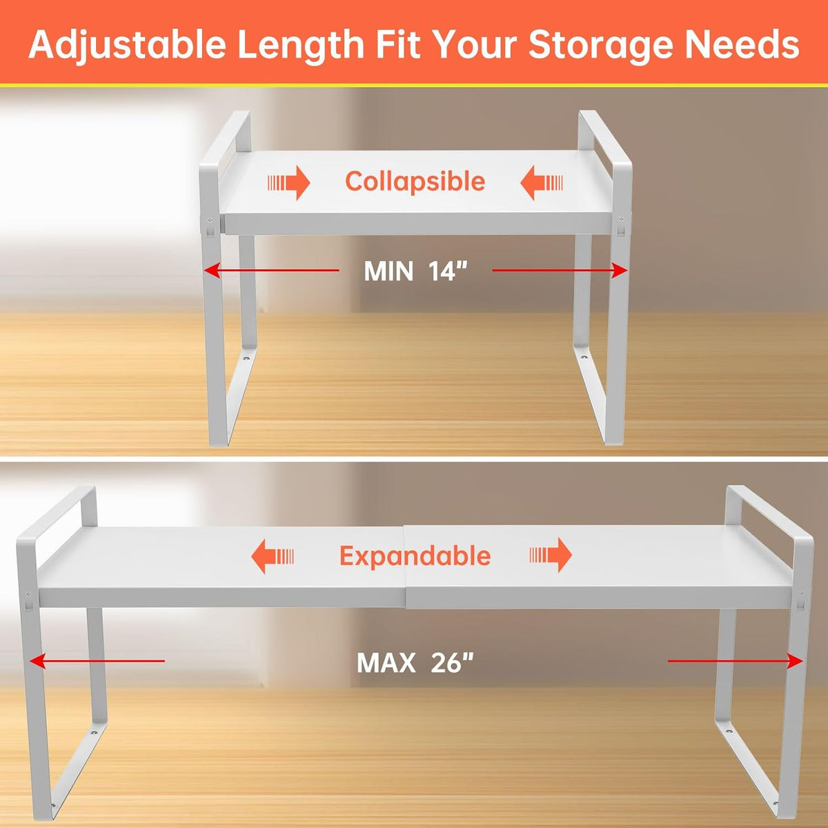 Cabinet Shelves Organizer for Kitchen 11", Expandable Shelf with Adjustable Length, Metal Countertop Organizer, Fits Pantry, Over the Sink, Spices, Microwave & Dishes Storage, White (2 Pack)
