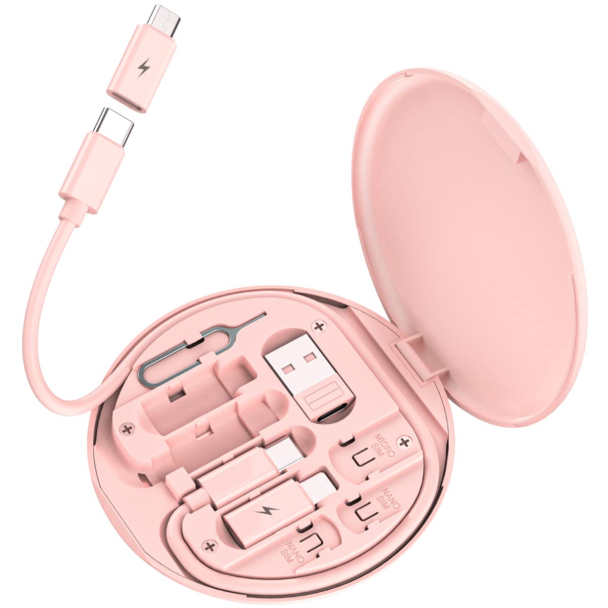 Multi USB Charging Adapter Cable Kit, USB C to iOS Adapter for Travel , Conversion Set USB & USB C to Male Micro /USB C/iOS Adapter, Data Transfer, Card Storage, Tray Eject Pin, Phone Holder (pink)