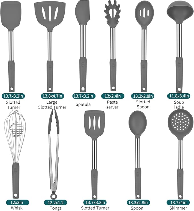 Silicone Kitchen Cooking Utensils Set with Stainless Steel Handle, Spatula Set Utensil Set, Cooking Utensil Set,Kitchen Tools Gadgets for Nonstick Cookware (11, Gray)