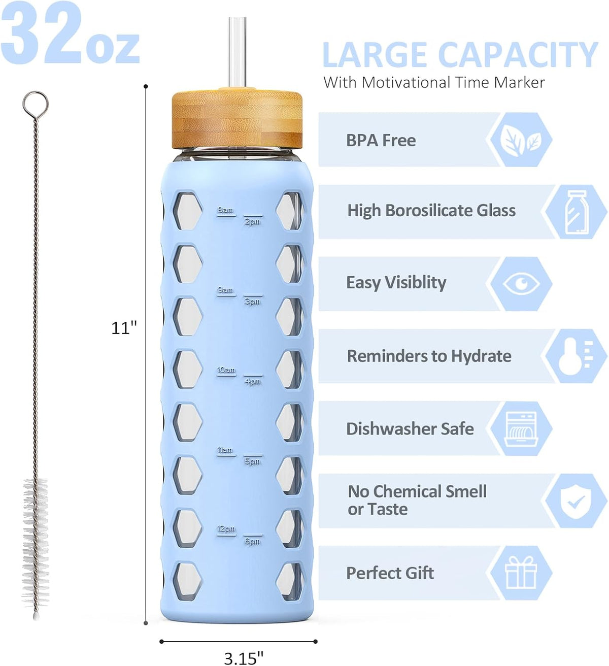 MUKOKO Glass Water Bottles,32oz Glass Tumbler with Straw,Drinking Bottles with 2 Lids-Handle Spout Lid&Bamboo Straw Lid,Motivational Water Bottle with Time Marker and Silicone Sleeve,1 Pack-Glacier