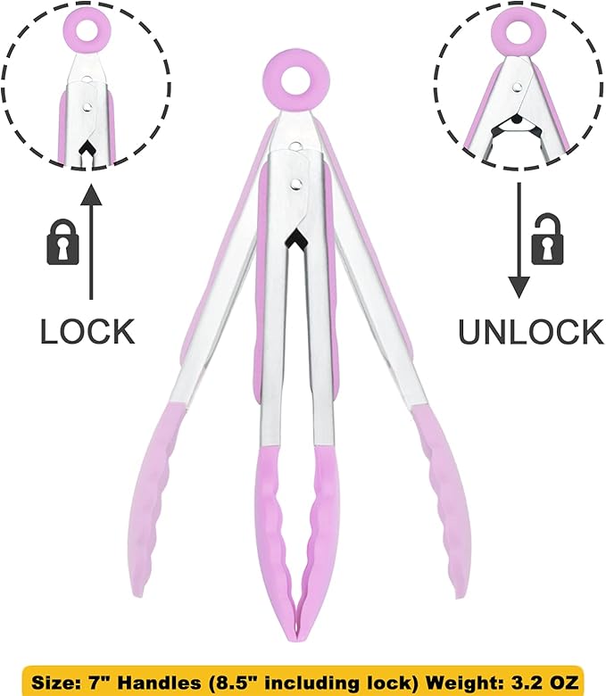 Small Serving Tongs with Silicone Tips 7-Inch Mini Tongs, Set of 3 (Pink)
