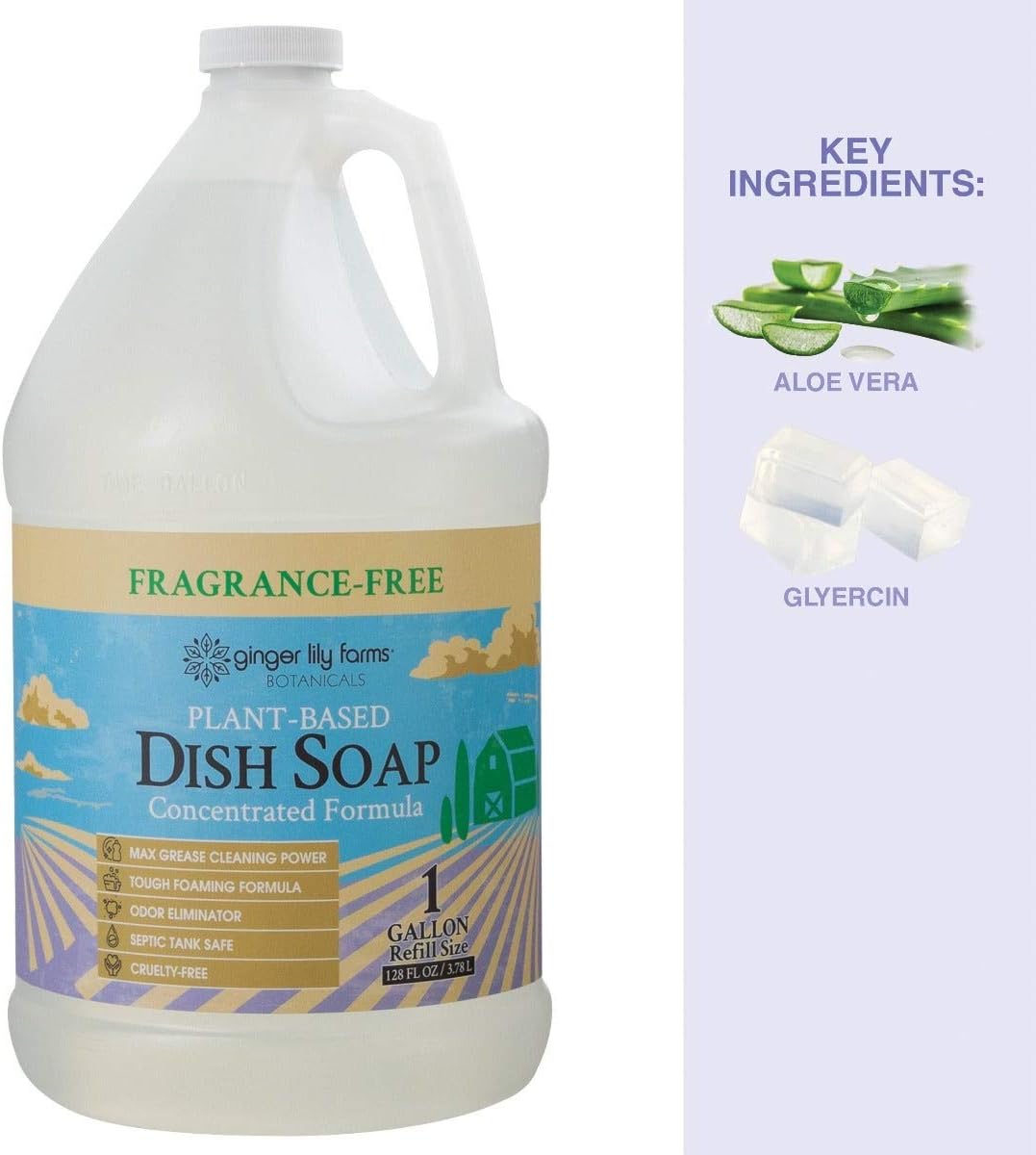 Ginger Lily Farms Botanicals Plant-Based Liquid Dish Soap, Concentrated Formula with Max Grease Cleaning Power, Cruelty-Free, Fragrance-Free, 1 Gallon Refill (128 Fl. Oz.), Clear