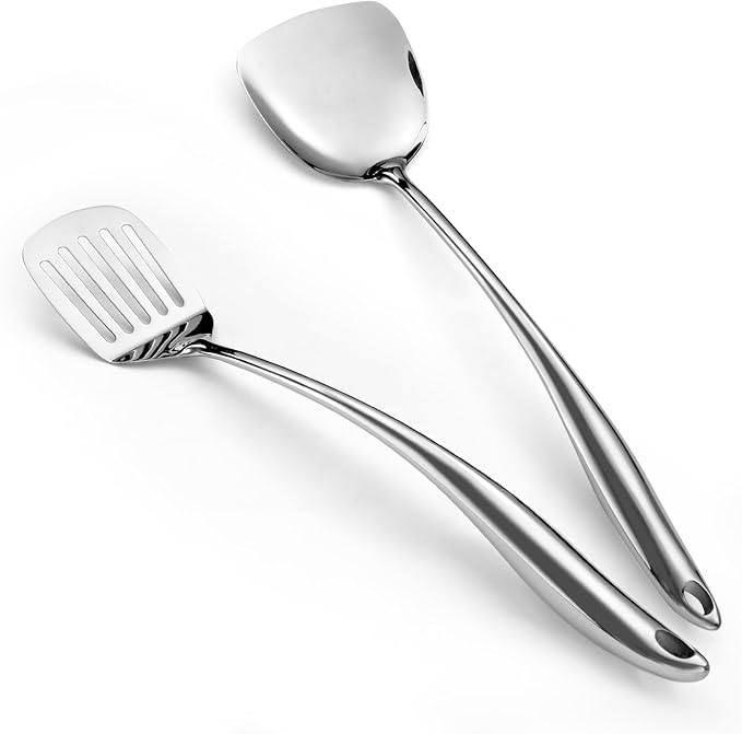 304 Stainless Steel Spatula Set, 2pcs Heavy Duty Metal Kitchen Utensils Set for Cooking,Wok Kitchen Tools Set Come with Slotted Turner & Spatula