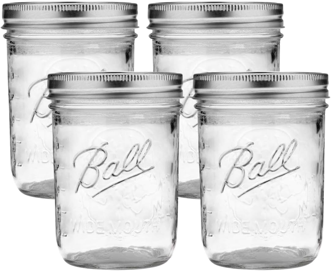 Ball Wide Mouth Glass Mason Jars with Lids and Bands, Used for Canning, Pickling, Juice, Jam, Jelly, Pint Size 16 Ounce (Pack of 4)
