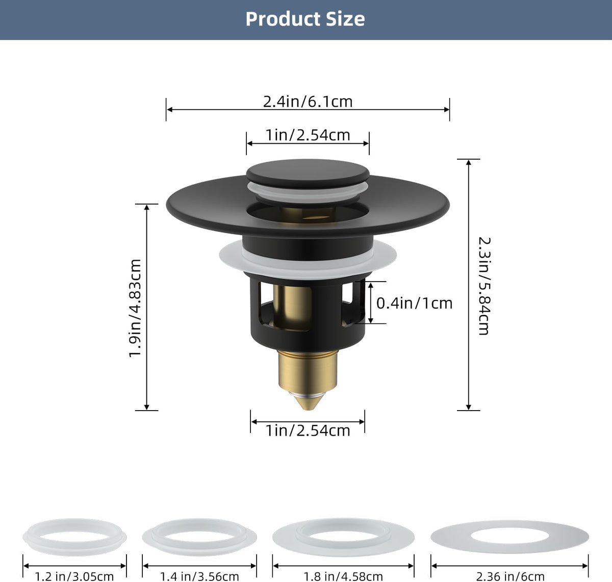 Hibbent All Metal Universal Bathroom Sink Stopper for 1.1''~2.3'' Basin, Pop Up Sink Drain Strainer, Brass Bullet Core Push Type Stopper, Stainless Steel Anti Clogging Drain Filter, Matte Black