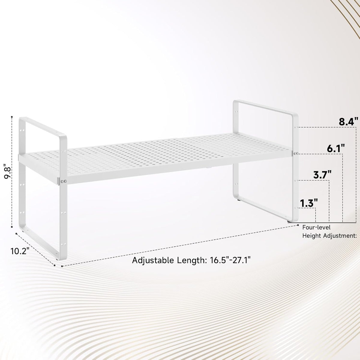 Hole Pattern Expandable Shelf Organizer,1Pack 10.2" Wide Easy to Assemble Cabinet Organizer Shelf, 16.5~27.1" Adjustable Height&Stackable Spice Organization for Cupboard, White