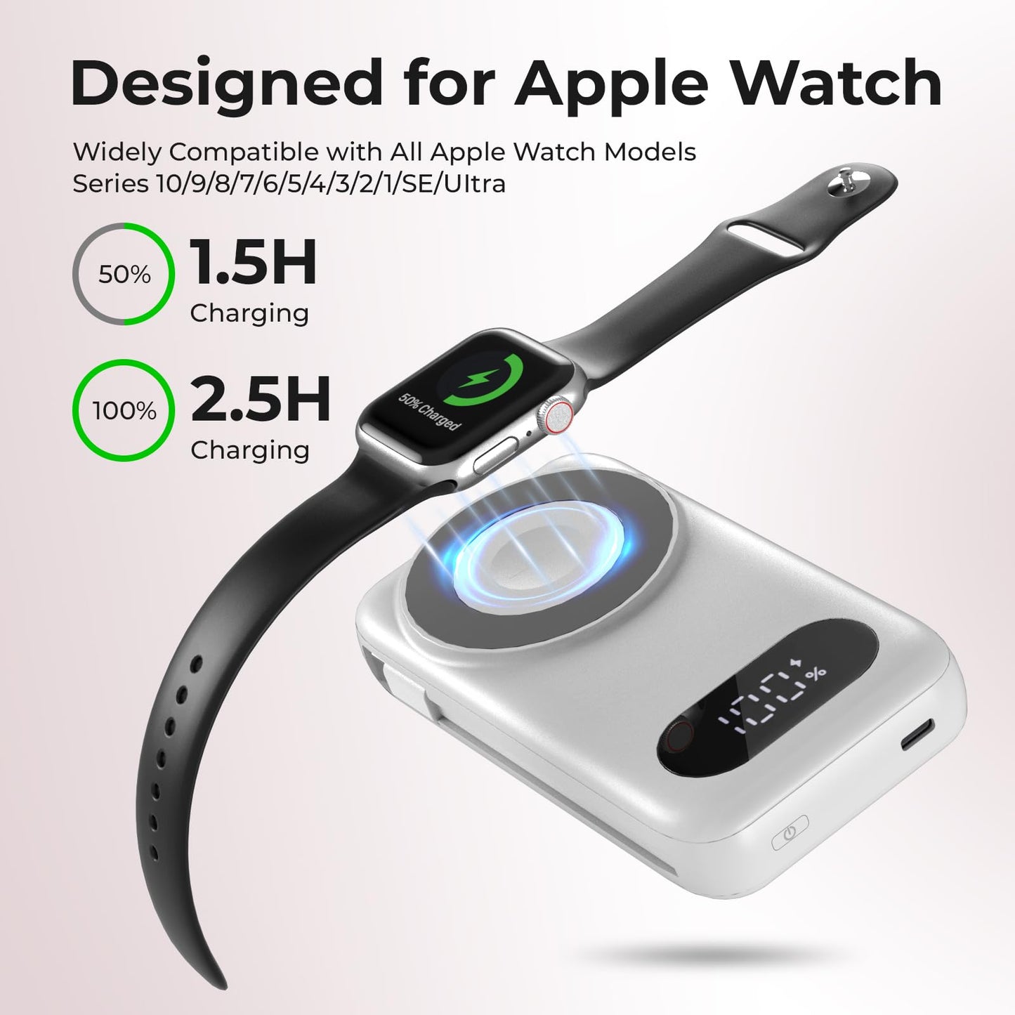 HUAENG Magnetic Portable Charger 26800mAh for iPhone 17/16/15/14/13/12 with Built-in Cables，6-in-1 Wireless Power Bank with iWatch Charger and Compatible with Samsung, Android Phones(White)