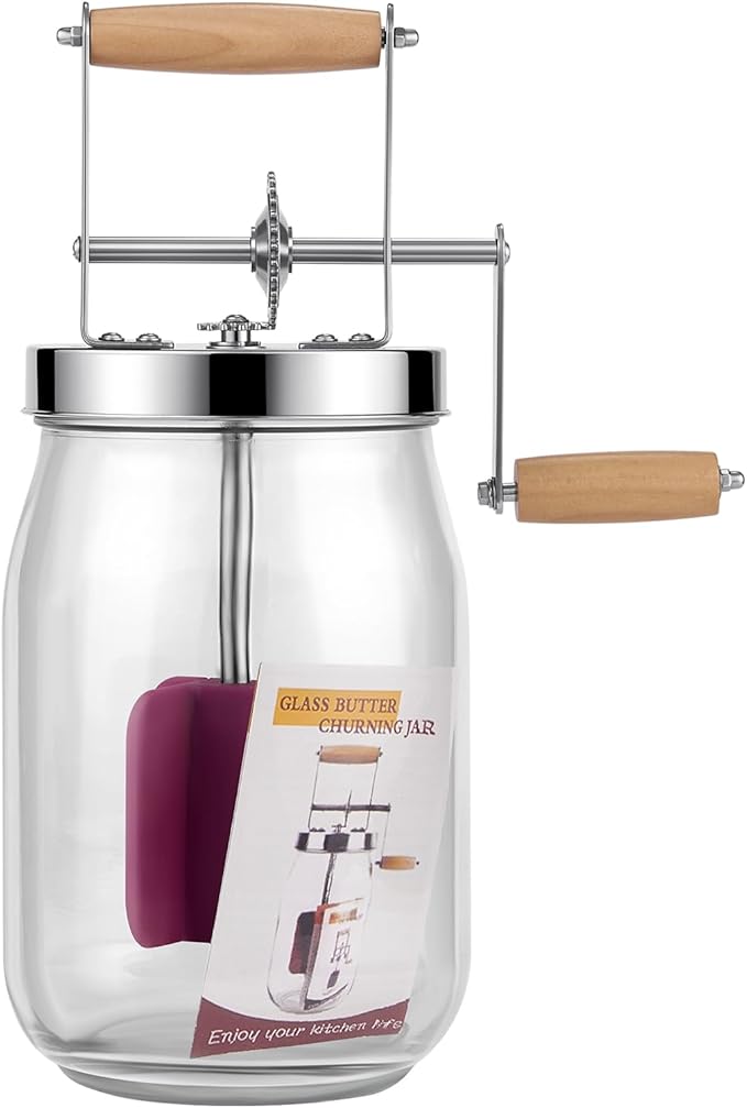 Butter Churn - Wooden Handle Shakes Stainless Steel Gear Manual Butter Maker, Butter Churner Hand Crank Mason Jar, Baking of Top Gadgets Butter Maker Cream Mixer (51oz)