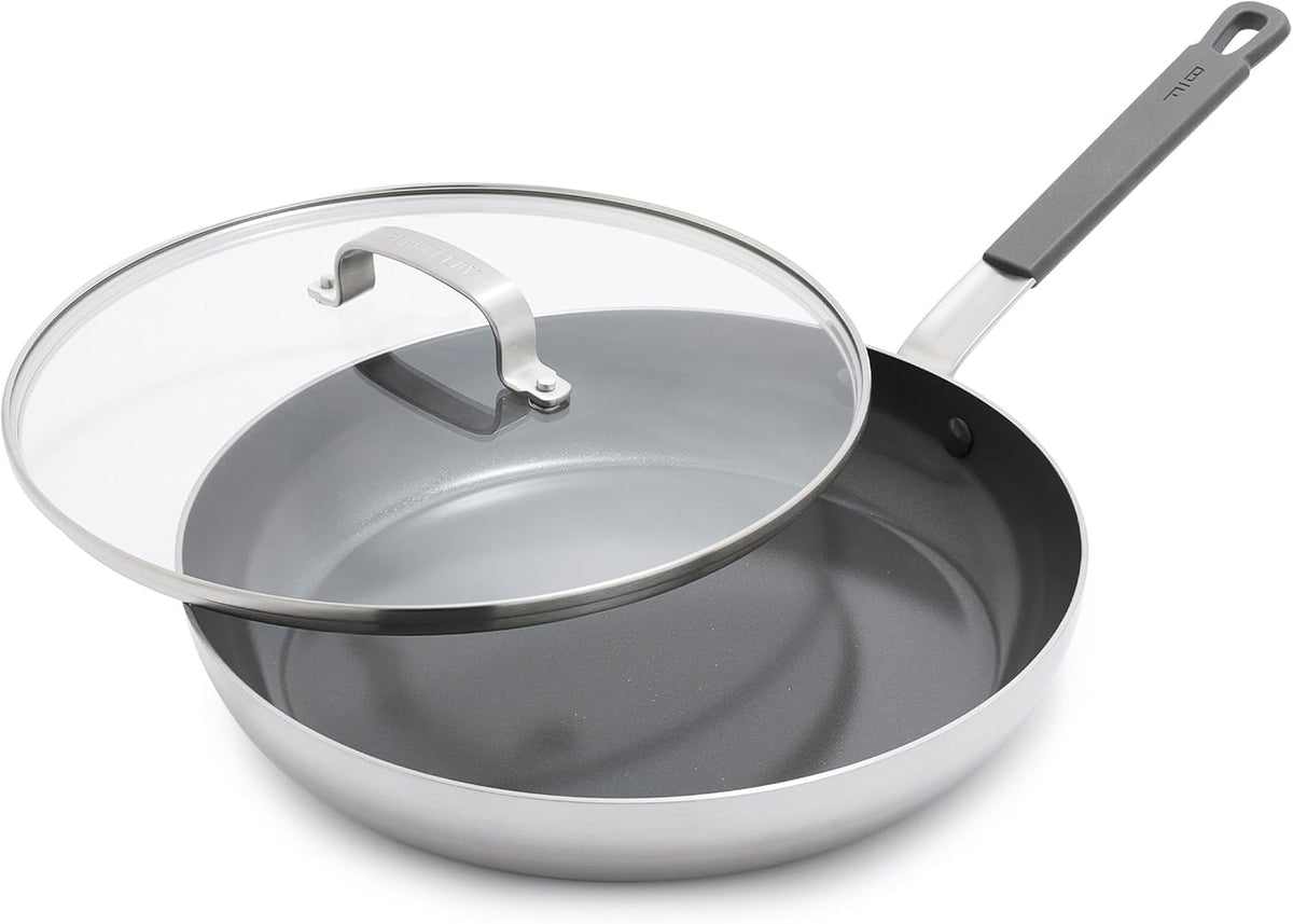 GreenPan x Bobby Flay Stainless Steel 12” Frying Pan Skillet & Glass Lid, Professional Grade Tri-Ply, Multiclad, PFAS-Free Ceramic Nonstick, Induction Suitable, Dishwasher & Oven Safe,Stay Cool Handle