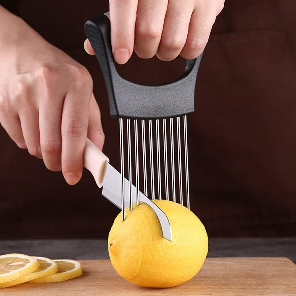 Onion Cut Tomato Slicer Lemon Handy Kitchen Slicing Tool With 10 Even Prongs For Onion Lemon Potato Tomato Slices And Can Be Used To Assist In Cutting Fish, Meat Or Loosen Meat (Black)