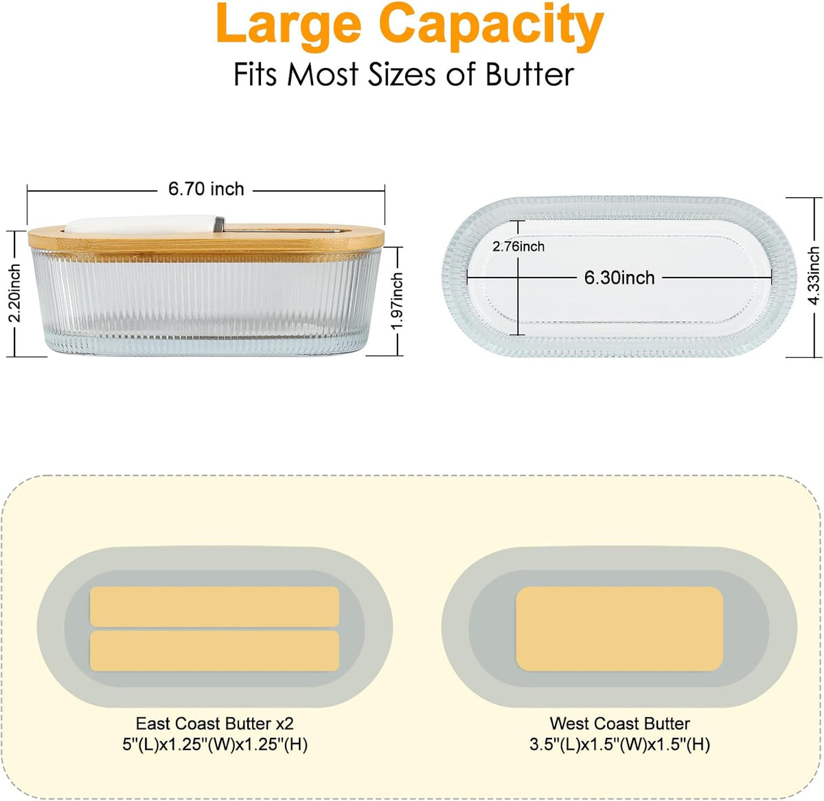 Butter Dish with Lid, Butter Container for Countertop, Butter Tray Butter Keeper with Bamboo Lid and Stainless Steel Knife, Glass Butter Dish Perfect for East/West Coast Butter