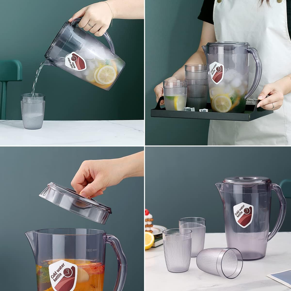 HOMQUEN Plastic Pitcher with 3 Cup, 60 Oz/1.8L Water Pitcher with Lid, Iced Tea Pitcher, Water Carafe, Jar Pitcher, Water Jug with Handle for Tea, Juices, Milk, Cold or Hot Beverages (Gray)