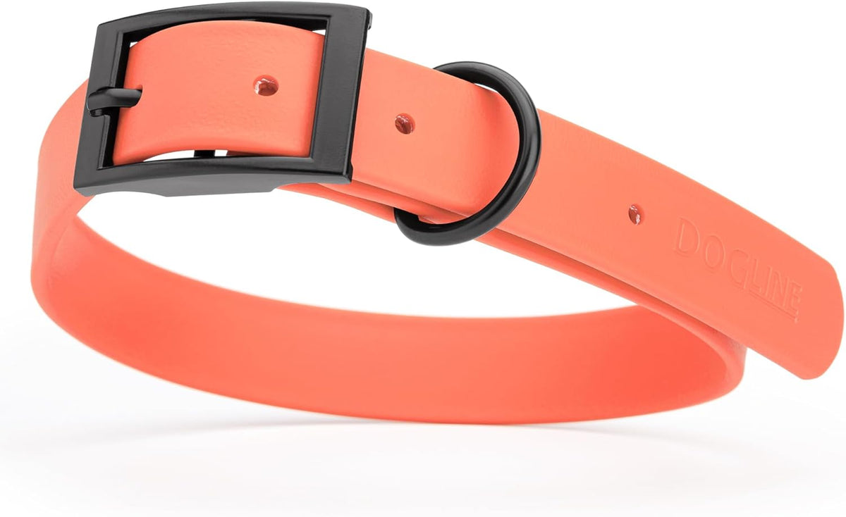 Dogline Biothane Waterproof Dog Collar Strong Coated Nylon Webbing with Black Hardware Odor- Proof for Easy Care Easy to Clean High Performance Fits Small Medium or Large Dogs, Coral