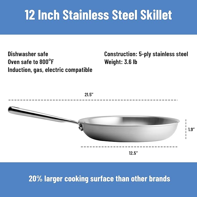 Misen 5-Ply Stainless Steel 12" Frying Pan - Professional Cookware for Induction, Gas and Electric - Dishwasher Safe, Oven Safe to 800°F - Durable, Versatile, Even Heating