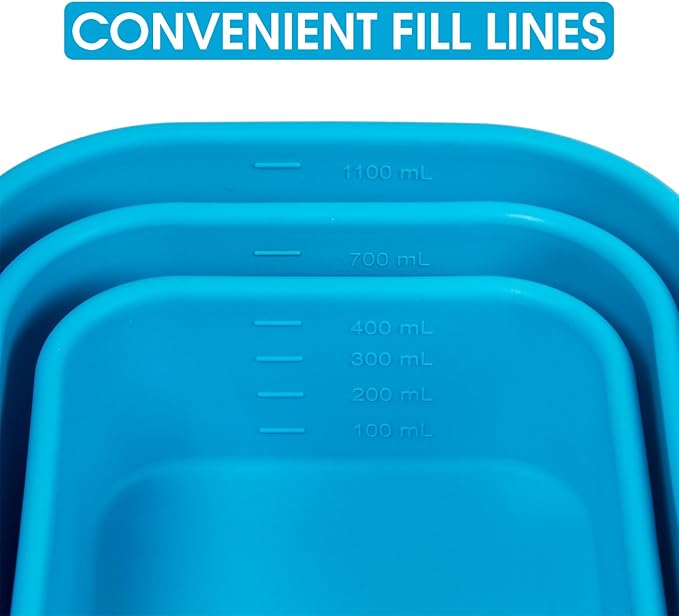 Nesting 100% Silicone Food Storage Containers with Lid & Measuring Line, 6 Pack, Leakproof Stackable Hard-Shell Silicone Containers for Food Lunch Snack, Microwave Oven Freezer Dishwasher Safe, Blue