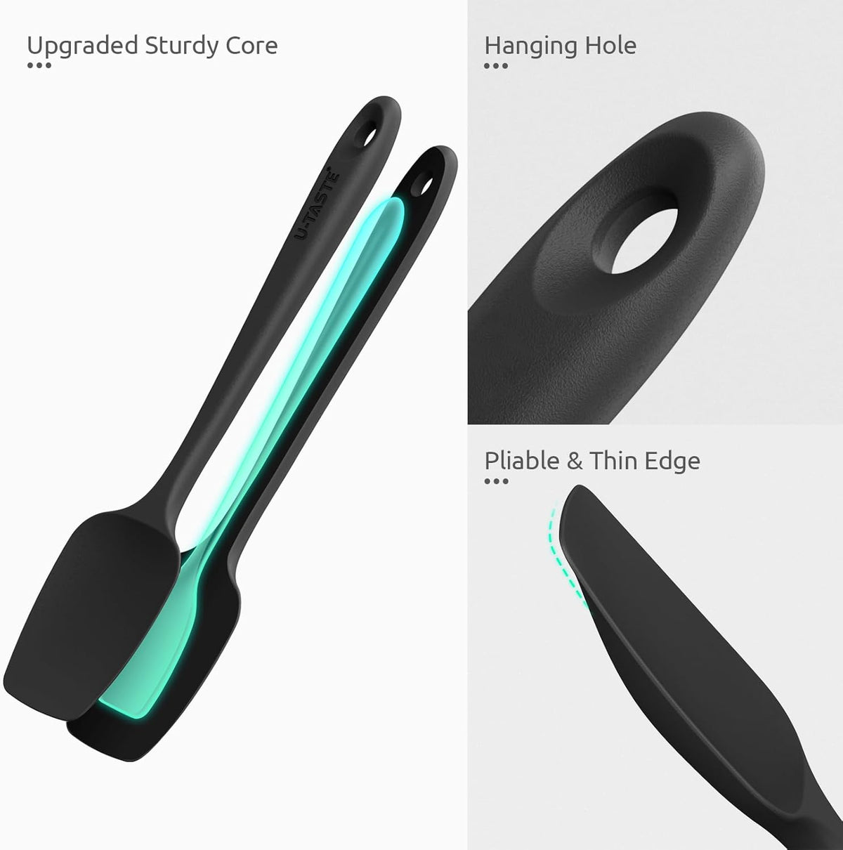 U-Taste Silicone Spoon Spatula Set: 480ºF Heat Resistant Food Grade Flexible Rubber Spoonula, Nonstick Cooking Mixing Scooping Kitchen Baking Scraper Utensils Set of 3 for Pan, Pot, Bowl (Black)