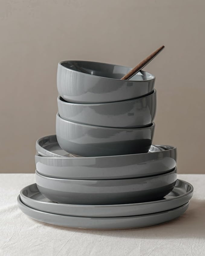 Famiware Milkyway Dinnerware Sets, 24 Piece Dish Set, Plates and Bowls Sets for 8, Dark Gray