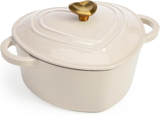 Paris Hilton Enameled Cast Iron Dutch Oven Heart-Shaped Pot with Lid, Dual Handles, Works on All Stovetops, Oven Safe to 500°F, 2-Quart, Cream